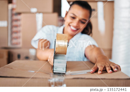 Woman, cardboard and closing box with tape while moving house with package for charity donation. Hands of a female person happy about mortgage, new home or storage for startup or small business 135172441