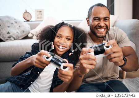 Gaming, family or children with a father and daughter in the living room of their home playing a video game together. Kids, happy or fun with a gamer dad and girl child in the house to play online 135172442