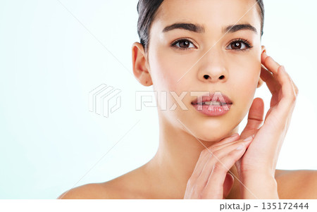 Face, skincare and beauty of woman in studio isolated on a white background mockup. Portrait, natural and serious female model with makeup, cosmetics and facial dermatology, healthy skin and wellness 135172444