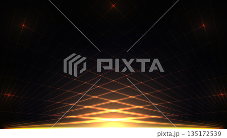 High tech digital background featuring glowing orange grid and radiant gold light in a dark futuristic abstract scene with geometric lines for cyber space and data network 135172539
