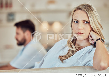 Woman, sad and angry in fight of couple with problem, divorce and crisis of conflict at home. Face of female person ignoring partner in argument, marriage failure and stress of frustrated break up Woman, sad and angry in fight of couple with problem, divorce and crisis of conflict at home. Face of female person ignoring partner in argument, marriage failure and stress of frustrated break up 135172581