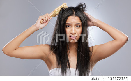 Hair care, brush and portrait of woman with mess in studio for split ends, haircare crisis and weak tips. Beauty, hairdresser and face of worried female person with knot problem on gray background 135172585