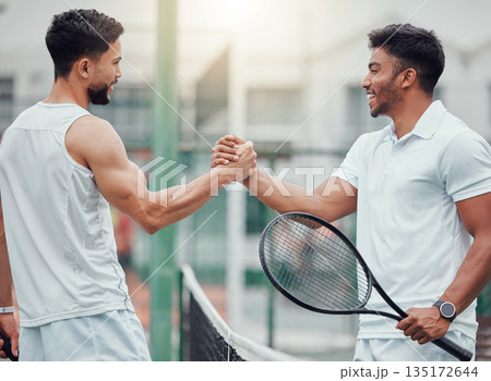 Happy man, tennis and friends in handshake for partnership, fitness or deal in competition or game on court. Men shaking hands for sports training, teamwork or support in friendly match or agreement 135172644