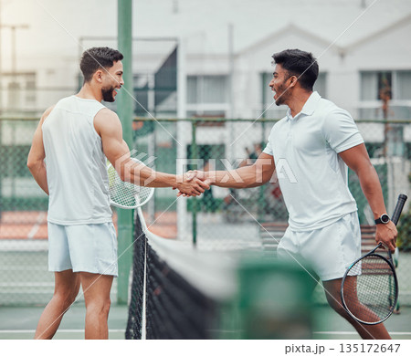 Happy man, tennis and friends in handshake for fitness, partnership or deal in competition or game on court. Men shaking hands for sports training, teamwork or support in friendly match or agreement 135172647