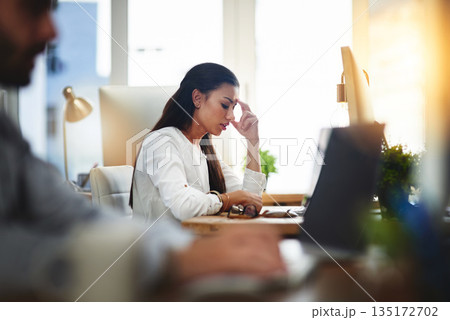 Depressed, burnout or business woman with headache in office with fatigue, anxiety or stress. Employee, sad female consultant or tired person frustrated with depression or migraine pain in workplace Depressed, burnout or business woman with headache in office with fatigue, anxiety or stress. Employee, sad female consultant or tired person frustrated with depression or migraine pain in workplace 135172702