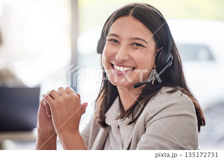 Portrait, woman and happy call center worker with headset, smile and professional mindset for customer service, support or help. Face, person and working in telemarketing, crm or online consulting 135172731