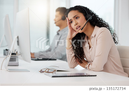 Business woman, call center and frustrated in customer service, stress or burnout at office. Annoyed and tired female person, consultant or agent talking to difficult client or complaint at workplace Business woman, call center and frustrated in customer service, stress or burnout at office. Annoyed and tired female person, consultant or agent talking to difficult client or complaint at workplace 135172734