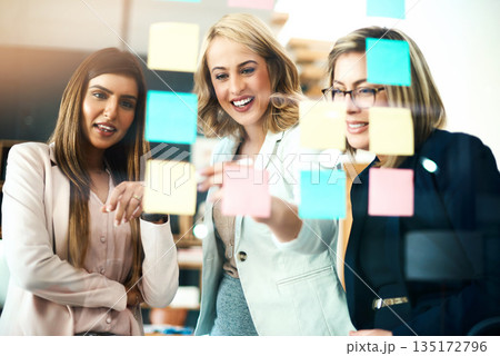 Business women, brainstorming and planning schedule of target, team goals and agenda at window. Happy employees, diversity and sticky note for timeline of workflow process, calendar and project ideas 135172796