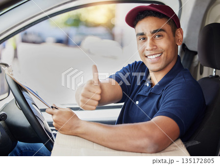 Delivery, thumbs up and portrait of man in van with checklist for shipping, logistics and distribution. Ecommerce, supply chain and male driver with thank you sign to deliver box, parcel and order Delivery, thumbs up and portrait of man in van with checklist for shipping, logistics and distribution. Ecommerce, supply chain and male driver with thank you sign to deliver box, parcel and order 135172805