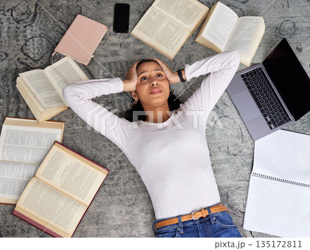 Study anxiety, burnout and woman student on ground with textbook for test feeling overworked. Stress, female person and home studying for university exam and course with laptop for elearning online Study anxiety, burnout and woman student on ground with textbook for test feeling overworked. Stress, female person and home studying for university exam and course with laptop for elearning online 135172811