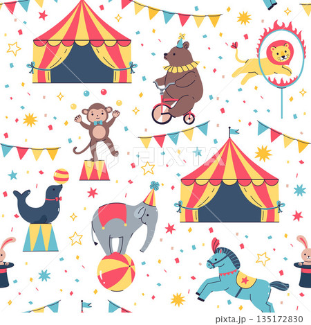 Seamless pattern with circus animals and tents....のイラスト素材 [135172830 ...
