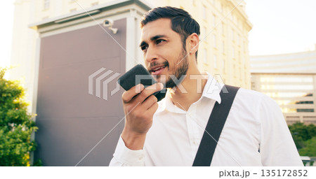 Cellphone, voice note and business man in city, communication or conversation call with contact. Phone, virtual assistant and male professional talking, speaking or discussion on urban town street Cellphone, voice note and business man in city, communication or conversation call with contact. Phone, virtual assistant and male professional talking, speaking or discussion on urban town street 135172852
