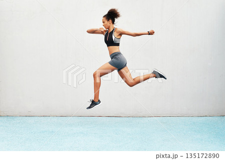 Woman, fitness and running on mockup in exercise, cardio training or workout outdoors. Fit, active or sport female person or runner in sports motivation, run or healthy wellness on wall mock up space Woman, fitness and running on mockup in exercise, cardio training or workout outdoors. Fit, active or sport female person or runner in sports motivation, run or healthy wellness on wall mock up space 135172890