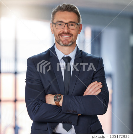 Happy, businessman and portrait of CEO with arms crossed in confidence for corporate management. Confident senior man executive with smile for business leadership, company goals or boss at workplace Happy, businessman and portrait of CEO with arms crossed in confidence for corporate management. Confident senior man executive with smile for business leadership, company goals or boss at workplace 135172923