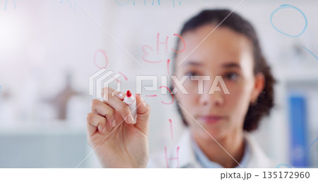 Thinking, scientist formula and woman writing on clear board for science data research. Laboratory worker, female person and focus with planning and futuristic vision for chemistry test with hand 135172960