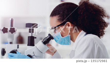 Research, covid and microscope with woman in laboratory for expert, medical and planning. Science, vaccine analysis and medicine with female scientist for chemistry, healthcare and pharmacy 135172981