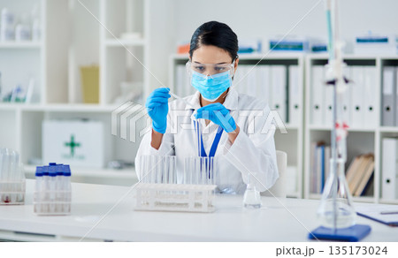 Covid, science and research with a woman in laboratory for innovation or modern medical breakthrough. Healthcare, medicine and vaccine with a female scientist working in a lab for cure development Covid, science and research with a woman in laboratory for innovation or modern medical breakthrough. Healthcare, medicine and vaccine with a female scientist working in a lab for cure development 135173024
