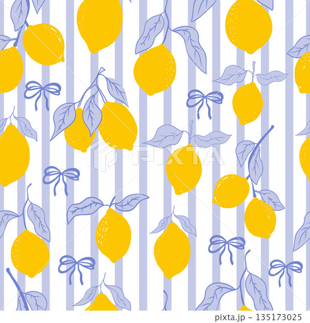 Cute coquette print lemon pattern, bow, stripes. Floral trellis citrus bg, background. Lemon with leaves, lemon slice, part. 135173025