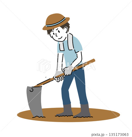 シンプルなタッチの畑を耕す男性 135173063