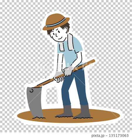 シンプルなタッチの畑を耕す男性 135173063