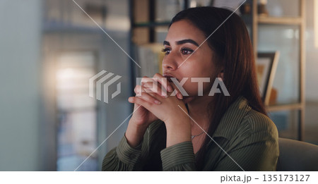 Business woman, thinking and computer at night in office with anxiety, stress or crisis. Female entrepreneur at desk with tech while tired or worried about deadline, mistake or mental health problem Business woman, thinking and computer at night in office with anxiety, stress or crisis. Female entrepreneur at desk with tech while tired or worried about deadline, mistake or mental health problem 135173127
