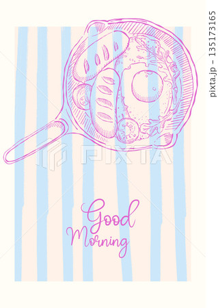 Good morning breakfast poster with hand drawn skillet food illustration and pastel striped background Good morning breakfast poster with hand drawn skillet food illustration and pastel striped background 135173165