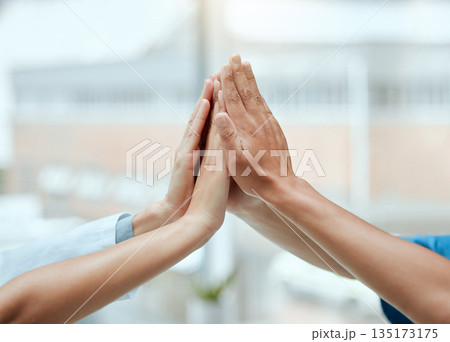 High five, hands or doctors with medical success in celebration of surgery results in hospital with bonus. Team work, winners or healthcare nurses celebrate targets, mission or winning goals together 135173175