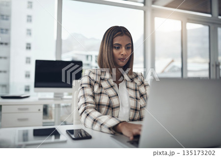Business woman, laptop and writer typing in office workplace. Copywriting, computer and female Indian person reading, work or writing email, focus on report or proposal, research or planning project Business woman, laptop and writer typing in office workplace. Copywriting, computer and female Indian person reading, work or writing email, focus on report or proposal, research or planning project 135173202