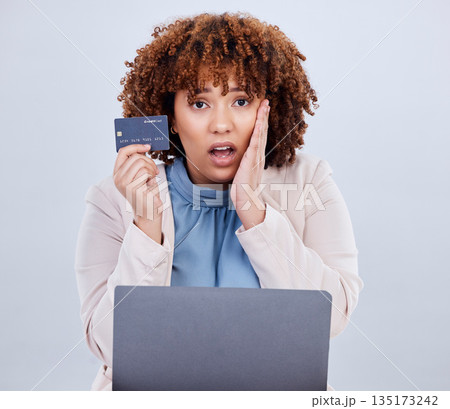 Credit card, laptop and a woman shocked or surprised with online shopping bill, scam or fintech payment. African female person with technology for e commerce mistake, security password or glitch Credit card, laptop and a woman shocked or surprised with online shopping bill, scam or fintech payment. African female person with technology for e commerce mistake, security password or glitch 135173242