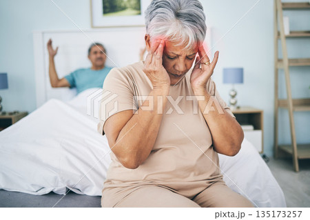 Senior couple, bed and conflict with a headache, fight and relationship issue with marriage, home and retirement. Partners, mature man and elderly woman with a migraine, bedroom and angry with stress Senior couple, bed and conflict with a headache, fight and relationship issue with marriage, home and retirement. Partners, mature man and elderly woman with a migraine, bedroom and angry with stress 135173257