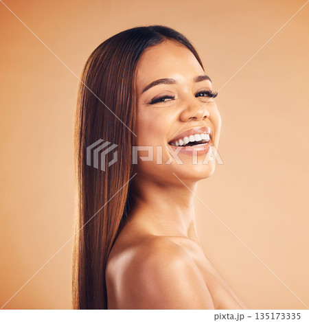 Woman, hair style and health in studio portrait with cosmetic beauty, glow and shine by brown background. Girl, latino model and haircare with makeup, wellness and aesthetic with growth by backdrop Woman, hair style and health in studio portrait with cosmetic beauty, glow and shine by brown background. Girl, latino model and haircare with makeup, wellness and aesthetic with growth by backdrop 135173335