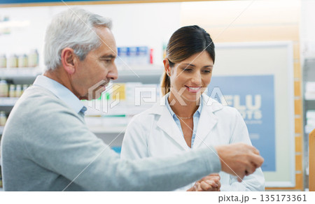 Pharmacy product, senior customer and woman advice, recommendation or consulting about pills, medicine or package. Female pharmacist, healthcare decision and elderly man reading pharmaceutical info Pharmacy product, senior customer and woman advice, recommendation or consulting about pills, medicine or package. Female pharmacist, healthcare decision and elderly man reading pharmaceutical info 135173361