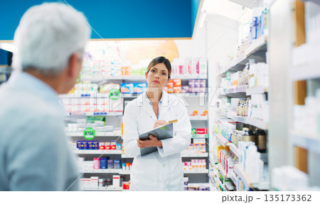 Pharmacy customer, clipboard and woman helping patient with pharmaceutical choice, product decision or medicine search. Healthcare clinic, hospital pharmacist and person answer question about pills 135173362
