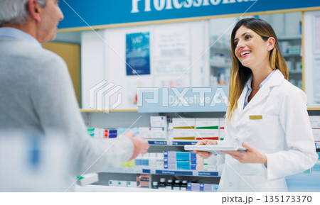Pharmacist conversation, senior customer and woman helping elderly patient, pharmacy client or person. Healthcare support, communication and female chemist talking, service and help with prescription Pharmacist conversation, senior customer and woman helping elderly patient, pharmacy client or person. Healthcare support, communication and female chemist talking, service and help with prescription 135173370