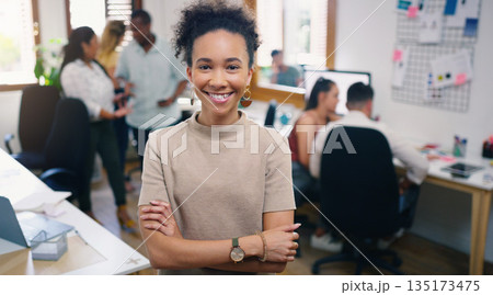 Woman, smile and portrait of designer with arms crossed in office workplace for business. Face, confidence and graphic design, female person and creative entrepreneur, professional or success mindset 135173475