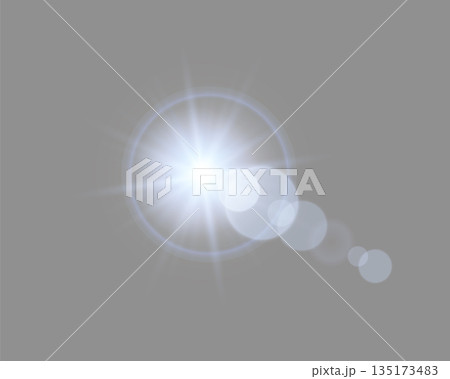 Blue sunlight lens flare, sun flash with rays and spotlight. Glowing burst explosion on a grey background. Vector illustration. 135173483