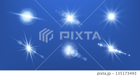 Blue lens flares set. Isolated on transparent background. Sun flash with rays or gold spotlight and bokeh. Blue glow flare light effect. Vector illustration. Blue lens flares set. Isolated on transparent background. Sun flash with rays or gold spotlight and bokeh. Blue glow flare light effect. Vector illustration. 135173493