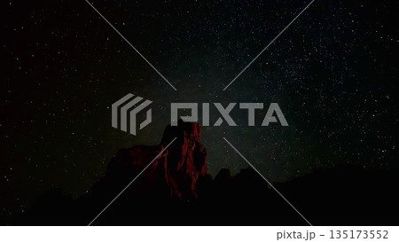 Volcanic terrain glowing with red light under a vast field of stars in the dark night sky of Tenerife. 135173552