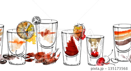 Coffee, orange and red layered shots mix with strawberry, cherry and pepper. Hand drawn ink glasses outline on watercolor wash. Seamless border for cozy cafe menus, recipe cards, or digital headers. 135173568