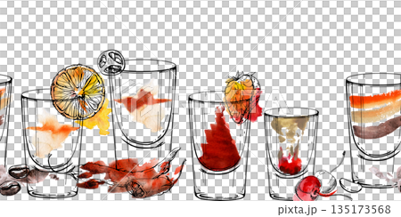 Coffee, orange and red layered shots mix with strawberry, cherry and pepper. Hand drawn ink glasses outline on watercolor wash. Seamless border for cozy cafe menus, recipe cards, or digital headers. 135173568
