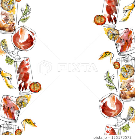 Watercolor and ink seamless double border of amber lemonade glasses, cherries, orange slices, bourbon rum wine alcoholic beverages. Hand drawn for festive invites, packaging, vintage cocktail sets. Watercolor and ink seamless double border of amber lemonade glasses, cherries, orange slices, bourbon rum wine alcoholic beverages. Hand drawn for festive invites, packaging, vintage cocktail sets. 135173572