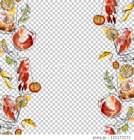 Watercolor and ink seamless double border of amber lemonade glasses, cherries, orange slices, bourbon rum wine alcoholic beverages. Hand drawn for festive invites, packaging, vintage cocktail sets. Watercolor and ink seamless double border of amber lemonade glasses, cherries, orange slices, bourbon rum wine alcoholic beverages. Hand drawn for festive invites, packaging, vintage cocktail sets. 135173572