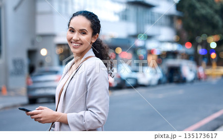 Happy, portrait and a woman in the city with a phone for communication, social media and a chat. Smile, internet and a young employee with a mobile in the street for a a gps, notification and typing Happy, portrait and a woman in the city with a phone for communication, social media and a chat. Smile, internet and a young employee with a mobile in the street for a a gps, notification and typing 135173617
