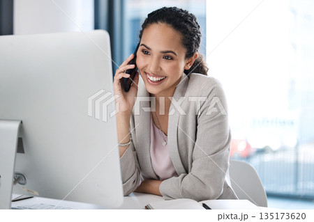 Happy, phone call and computer with business woman in office for planning, consulting and networking. Communication, project and online with female employee for connection, contact and conversation Happy, phone call and computer with business woman in office for planning, consulting and networking. Communication, project and online with female employee for connection, contact and conversation 135173620