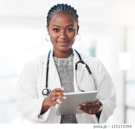 Portrait, tablet and healthcare with a doctor black woman in the hospital for insurance or research. Medical, trust and technology with a young female medicine professional or consultant in a clinic Portrait, tablet and healthcare with a doctor black woman in the hospital for insurance or research. Medical, trust and technology with a young female medicine professional or consultant in a clinic 135173704