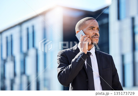 Black man, business phone call and listening in street with contact, chat and focus on career vision. Young african businessman, smartphone and talk for networking, sales or financial trading on road Black man, business phone call and listening in street with contact, chat and focus on career vision. Young african businessman, smartphone and talk for networking, sales or financial trading on road 135173729
