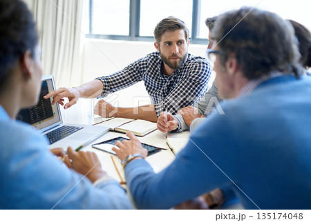 Planning, presentation and laptop with business people in meeting for idea, project management and teamwork. Review, strategy and branding with employees in boardroom for digital, data and solution 135174048