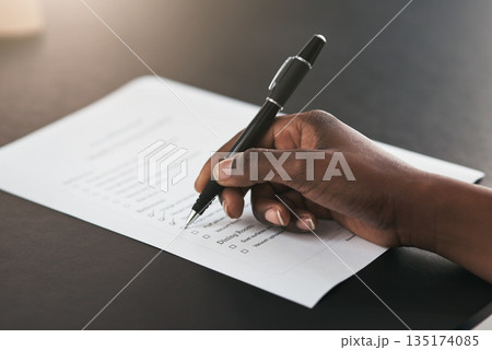 Checklist tick, closeup and hands with a pen, agenda or planning administration at work. Receptionist, plan and person with notes on a document for schedule, time management or working on a goal Checklist tick, closeup and hands with a pen, agenda or planning administration at work. Receptionist, plan and person with notes on a document for schedule, time management or working on a goal 135174085