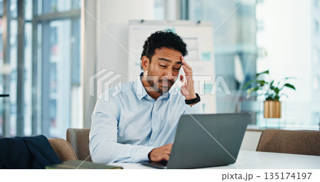 Frustrated, businessman or laptop with headache, stress or fatigue for eye strain in office. Tired, man or employee with migraine, computer or pressure for project deadline or overworked in workplace 135174197