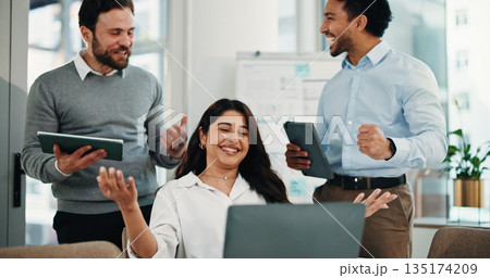 Happy, business people and winning with team, laptop or good news for promotion or done project. Excited, group or employees with smile, computer or technology for corporate success or completion 135174209